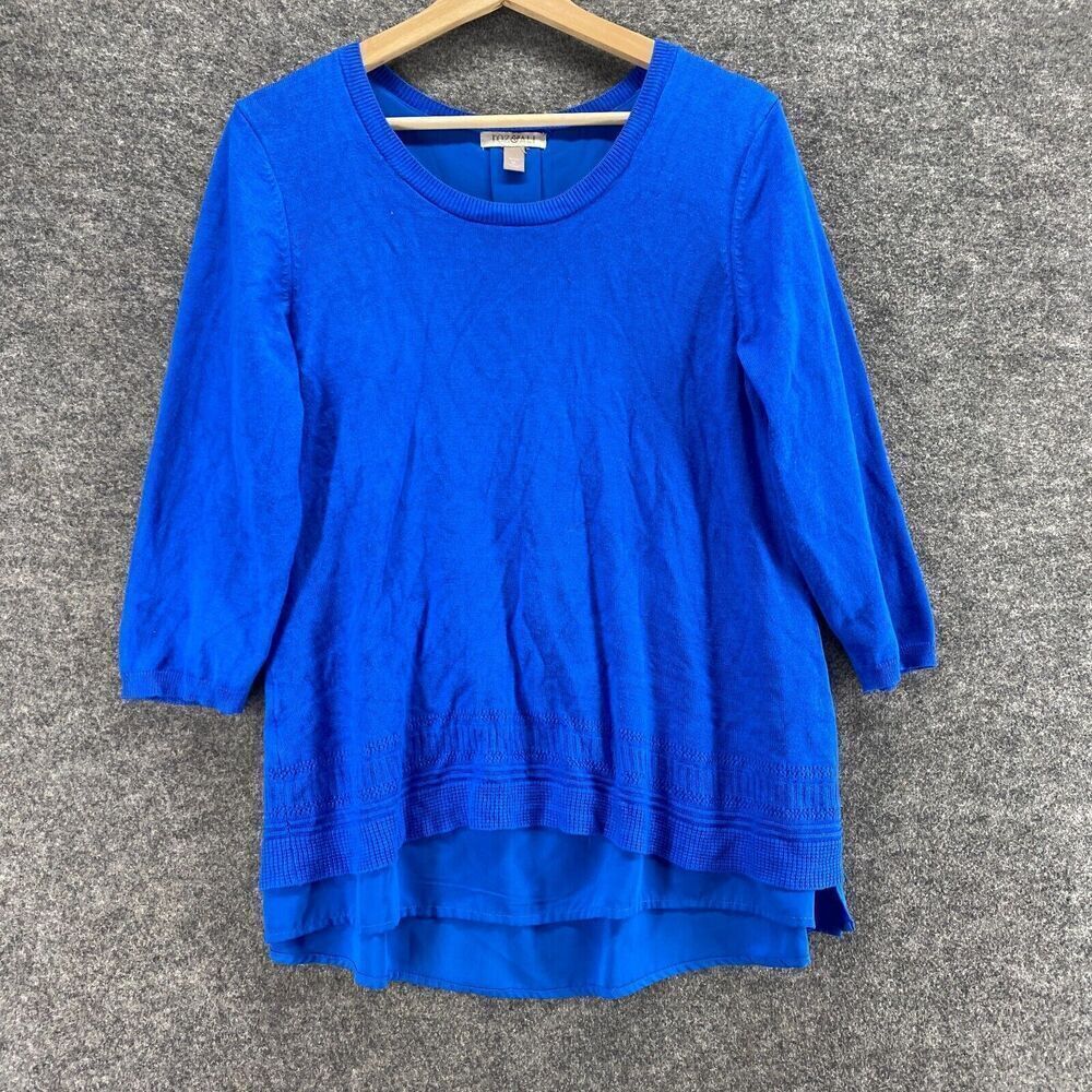 5/$45 Roz&Ali Top Women PXL Petite Blue Button Up Lined 3/4 Sleeve Round Neck
